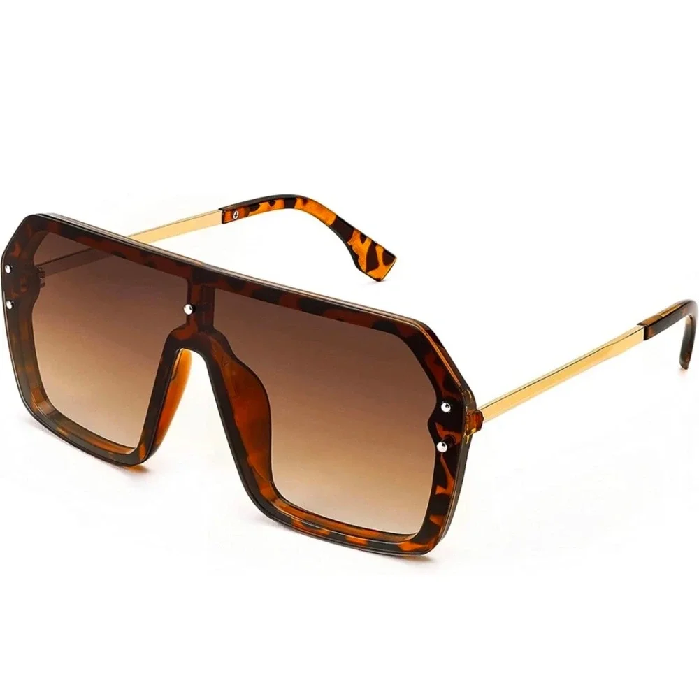 Shield Sunglasses Womens OS Tortoise New Oversized Flat Top Gold Temple